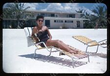 sl74  Original slide 1950's Red Kodachrome stunning lady tropical beach 794a picture
