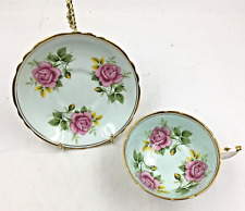Vintage Floating Pink Roses on Mint Green Paragon By Appointment Teacup/Saucer picture