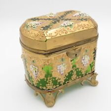 Antique Moser Floral Decorated Green and Gold Glass Casket Dresser Box, Footed picture