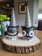 (2) Halloween Owl & Cat Party Hat Paper Mache Black White Decor Vtg Style Goth picture