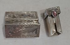 Antique 800 Silver Etched Lipstick Holder Compact with Mirror Rose Colored Stone picture