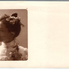 c1900s UDB Lovely Lady Headshot Portrait RPPC Flowers in Hair Real Photo PC A185 picture
