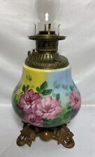 Antique Victorian Fostoria F.G Co Hand Painted Milk Glass Oil Keresone Lamp 25