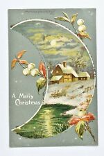 C. 1905 A Merry Christmas Crescent Moonlight Snowy Farm House w Glitter Postcard picture