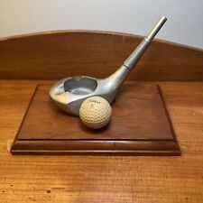 Vintage Golf Club And Titleist Golf Ball Ash Tray, Mounted On Wood, Rare Unusual picture