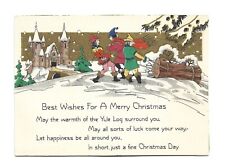Vtg Christmas Card Medieval Castle Jesters Pulling Yule Log 1920's picture