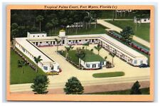 Postcard Tropical Palms Court, Fort Myers, Florida FL linen D10 picture