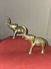 2 Vintage Brass Elephant Figurines with  Octagonal Ears Trunks Up picture