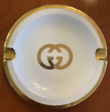 RARE GUCCI Ivory Ashtray with Iconic Gold Leaf Double GG Design Vintage 1970s 5” picture