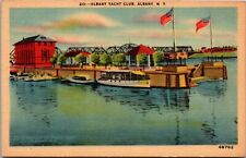 Postcard NY Yacht Club House Boats Dock Pier Flags Water View Albany New York picture