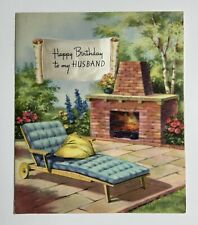 Vtg 1950s MCM Happy Birthday to my Husband Greeting Card-BBQ-Lawn Chair-Pillow picture