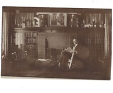 c1900s Man Reading Newspaper Pipe Fireplace Dapper Wealthy RPPC Postcard picture