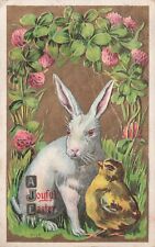 Vintage Artist Postcard Joyful Easter White Bunny Rabbit & chick 1913 picture
