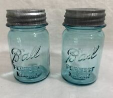 Two Vintage Blue Ball Pint Perfect Mason Glass Jars with Zinc Lids #3 And #8 picture