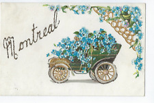 Antique Car Filled with Blue Flowers Embossed Postcard Glitter Montreal Canada picture