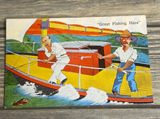 Vintage Postcard Great Fishing Here Men Sailboat Ocean Postmarked 1942 picture