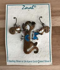 Zarah Cat Playing with Birds Sterling Silver Enamel Pin Brooch Earrings Set picture