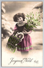 Vintage Tinted C1910 French Postcard, Girl with Doll and Christmas Tree RPPC picture