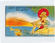 Postcard Why Don't You Drop Me A Line ? I'll Bite , with Lady Fishing Art Print picture