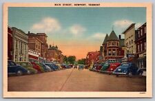 Newport Vermont Downtown Streetview Main Street Old Cars Linen Postcard picture