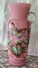 ANTIQUE BRISTOL GLASS 2 HANDLED HANDPAINTED BUTTERFLY AND FLORAL VASE ♡ 9