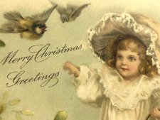 Christmas Children Postcard Young Girl Big Hat Flower Basket Bonnet Birds Holly picture