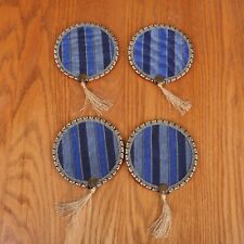 4 Vintage Homemade Coasters Blue Stripe With Tassel picture