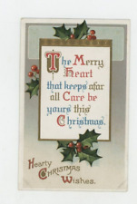 Vintage Christmas  Postcard   HOLLY MERRY HEART WISHES GOLD    EMBOSSED   POSTED picture