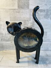 Rustic Folk Art Welded Large Metal Cat Candle Holder Fish Inside Halloween 16.5” picture