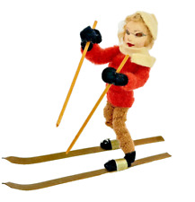 Vintage Lady Skier Doll Figure Handmade Artist Spun Wool Cotton & Paper Mache picture