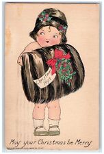 c1910's Christmas Girl Holly Berries Handwarmer Posted Antique Tuck's Postcard picture
