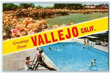 c1950 Greetings From Vallejo Swimming Pool Flowers Plantation View CA Postcard picture
