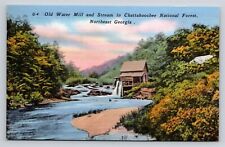 GA Chattahoochee National Forest Old Water Mill & Stream Linen Vtg Postcard View picture