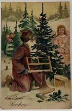 c1904 Robed Santa Cutting Tree with Angel and Children Embossed Postcard F14 picture