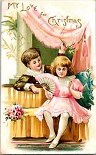 Antique Christmas Postcard Victorian Girl Blonde Pink Gown Fan Boy My Love 526 picture