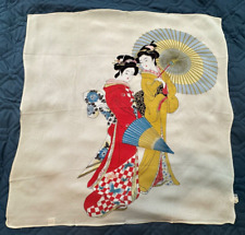 1970’s Japanese Furoshiki Wrapping Cloth 27x27” Two Ladies Vintage picture