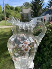 Antique Victorian Hand Blown Clear Glass Pitcher HP Floral Ruffled Edge 9”T~ 2QT picture