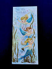 L915 VTG Unused Glittered Birthday Greeting Card 3 Adorable Mermaids Swimming picture