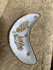 Signed Antique French Crescent Shaped Porcelain Bone Dish Gold Floral Design picture