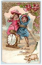 1906 Happy New Year Children Ringing Clock Pig Flowers Elsmere DE Postcard picture