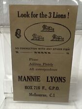 VINTAGE BUSINESS CARD 1940s MANNIE LYONS BOOKMAKER MELBOURNE BOOKS 3 LIONS picture