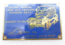 Vtg Second Annual Crew Old Fashion Bargain Days Aug 19, 1961 Auto Meet Plaque picture