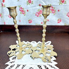 Vintage Etched Brass Candlestick Set of 2 Chinese Candlestick Pomegranate 7