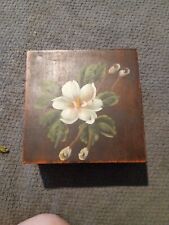 VTG. HAND PAINTED DOGWOOD FLOWERS JEWELRY TRINKET BOX PANTRY RECIPE BROWN LINING picture