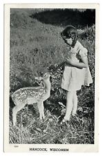 Vintage Postcard Girl Feeding Young Deer Fawn Hancock Wisconsin WI picture