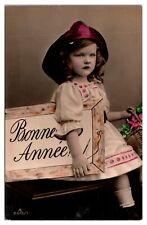 1909 Hand Tinted RPPC Happy New Year 1910, Cute Little Girl - French picture