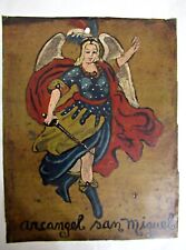 ANTIQUE OLD c. 1920 HP MEXICAN PAINTING on TIN RETABLO ARCHANGEL SAN MIGUEL picture