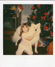 VINTAGE POLAROID PHOTO CUTE GIRL WHITE DOG PUPPY HUSKY SAMOYED CHRISTMAS TREE picture