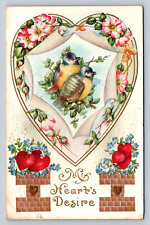 1914 Embossed Blue Yellow Birds Floral Heart Blue Flowers My Heart's Desire PC picture