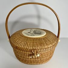 Nantucket Basket Purse with Pin Clasp Lighthouse Scene Whale Inside Basket Lid picture